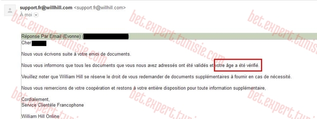 mail vérification Williamhill Tunisie